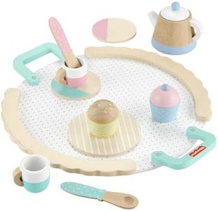 Fisher-Price Wooden Toy Tea Set with Teapot, Cups and Saucers, 12 Wood Pieces for Preschool Pretend Play Ages 3+ Years