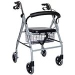 DAYS Lightweight Essentials Rollator, Folding Four Wheel Mobility Walker with Padded Seat, Back Support, Mobility Aid Seat Basket, Silver