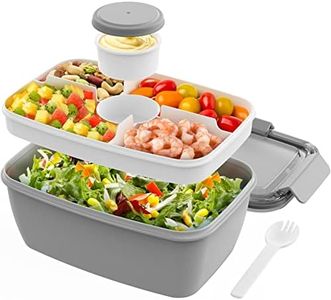 Cherrysea Salad Lunch Container, 68oz Salad Bowls with 4 Compartments Tray,Leak Proof Lunch Box with Fork for Men,Women BPA-Free Snack Container with Sauce Container for Dressings-Grey