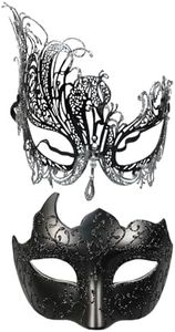 Yimianshou Masquerade Mask for Couple Mardi Gras Venetian Party Mask Set Halloween Costume Accessory (Black)