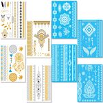 Metallic + White Temporary Transfer Tattoos for Women Girls | 4 Sheets Gold Silver + 4 Sheets White Lace Temporary Tattoo | Mandala Fashion Design Jewellery Tattoos | 100+ Colour Waterproof Tattoo