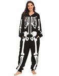 Padama Adult Halloween Skeleton Costume - Unisex Skeleton Plush Pajamas Onesie, Cozy Halloween Adult One Piece Skeleton Cosplay Costumes for Women XXL