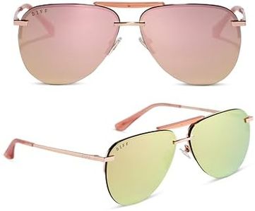 DIFF Tahoe Designer Oversized Aviator Sunglasses for Women UV400, Rose Gold + Cherry Blossom Mirror