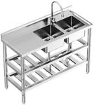 GarveeTech Stainless Steel Double Bowl Laundry Sink, Freestanding Commercial Restaurant Kitchen Sink Set, Stainless Steel Utility Sink for Kitchen, Bar, Garage, Backyard (47in)