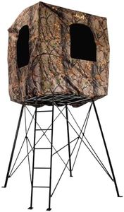 MUDDY Roost Quad Pod 10' Steel Hunting Stand with 57" x 57" Platform, Ladder Access, 2 Flex-Tek Seats, and Camo Blind, 500 Lb Weight Rating