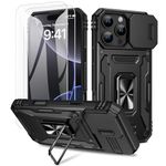 Doeshine for iPhone 16 Pro Case, 2 Pack Screen Protector, with Magnetic Ring Kickstand & Slide Camera Cover, Heavy Duty Outdoor Shockproof Military Drop Protection Case for iPhone 16 Pro (Black)