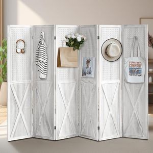 ALeesing 6 Panel Room Divider with 24 Hooks, Pegboard Display Wood Room Divider Folding Privacy Screens, Room Divider Peg Board Display for Trade Show Craft Show Home Wall Organizer, Retro White