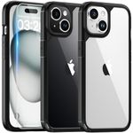 TAURI 5-in-1 for iPhone 15 Case, [Not Yellowing] with 2X Screen Protectors + 2X Camera Lens Protectors, [Military Grade Drop Protection] Shockproof Slim Phone Case for iPhone 15, Black