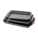 Rachael Ray 56524 Nonstick Bakeware Set with Grips, Nonstick Cookie Sheets / Baking Sheets - 3 Piece, Gray with Orange Grips