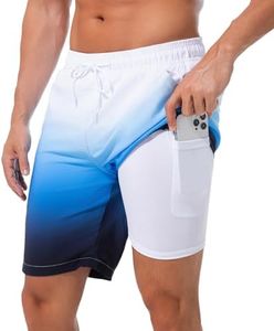 difficort Mens Swim Trunks Quick Dry Bathing Suit 9 inch Inseam Board Shorts with Compression Liner and Zipper Pocket,Sky Blue Gradient,Large