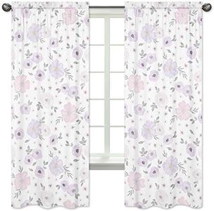 Sweet Jojo Designs Lavender Purple, Pink, Grey and White Window Treatment Panels Curtains for Watercolor Floral Collection - Set of 2 - Rose Flower