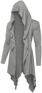COOFANDY Long Hooded Cardigan Ruffle Shawl Collar Open Front Lightweight Drape Cape Overcoat with Pockets