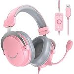 Fifine Gaming USB Headset with 3.5mm Audio Jack, Over-Ear 7.1 Surround Sound Headset with Microphone for PC Playstation Switch Xbox, Wired Headset with Passive Noise Cancelling-H9 Pink