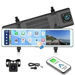 11.26 inch Portable Bluetooth Mirror Dash Cam with Apple Carplay/Android Auto Car Stereo Reversing Monitor Kit Vehicle Backup Camera 2 Split Screen/Bluetooth/DVR Loop Recording/Voice Control DC7V-32V