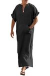 COOFANDY Men's V-Neck Linen Robe Short Sleeve Kaftan Thobe Long Gown Casual Shirt for Beach, Summer Black