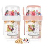 Hejo 2 Pcs Overnight Oats Container with Lip, 560ml+310ml Yoghurt Pots, Reusable Breakfast Pots, Cereal Cup with Spoon, Cereal and Milk On The Go Container, Overnight Oats Jar for Outdoor (Pink&White)