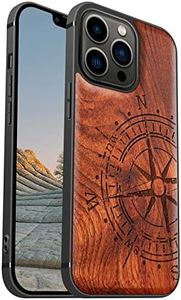 Carveit Mag netic Wood Case for iPhone 13 Pro Case [Hard Real Wood & Soft TPU] Shockproof Hybrid Protective Cover Unique & Classy Wooden Case Compatible with Mag Safe (Vintage Compass-Rosy)