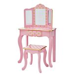 Teamson Kids Princess Gisele Polka Dot Print 2-Piece Kids Wooden Play Vanity Set with Vanity Table, Tri-Fold Mirror, Storage Drawer, and Matching Stool, Pink with Gold Polka Dot Accent