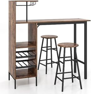 Giantex 3PCS Bar Table and Chair Set, Industrial Pub Table and Stools with Wine Glass Holders & 6-Bottle Wine Racks, Counter Height Dining Table Set for Living Room Dining Room Kitchen, Rustic Brown