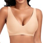 DOCUMO Deep V Bras for Women No Underwire Comfort Wireless Bralettes Adjustable Soft Sleep Seamless Plunge Bra with Bra Extender(Nude,Large)