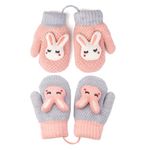 Zeltauto 2 Pairs Kids Mittens on String for Girls and Boys Toddler Winter Gloves Knitted Warm Plush Lining for Children 1-3 Years (Pink + Grey)