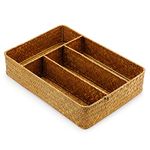 DECRAFTS Seagrass Storage Basket with Compartments Utensil Tray for Organization Silverware Flatware Rectangular Shelf Baskets with 4 Sections Natural