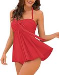 LookbookStore Women's Halter Bandeau Self-Tied Tankini Set Two Pieces Swimsuits True Red