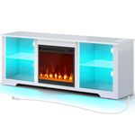 Rolanstar Fireplace TV Stand with Led Lights and Power Outlets, TV Stand for 45/50/55/60/65 inch TVs, Entertainment Center with Electric Fireplace, Modern TV Console with Glass Shelves, Glossy White