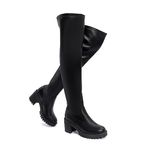 EETTARO Women's Over The Knee Boot Fashion Stretch Thigh High Boots Chunky Heel Tall Long Side Zip Boots, Black Pu, 6.5 UK