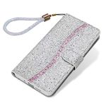 Tiyoo iPhone 6 Plus/6S Plus Flip Case Bling Glitter Sparkle Case, 3D Sequins Leather Wallet Cover with Magnetic Closure, Support Stand and Card Slots, with Lanyard Strap (Silver/White)