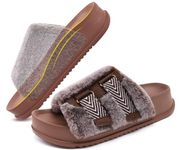 KuaiLu Womens Fluff Slides Plantar Fasciitis Arch Support Fuzzy Platform Slipper Orthotic Faux Fur Sandals Adjustable Open Toe House Slippers Indoor Outdoor, Brown Size 8