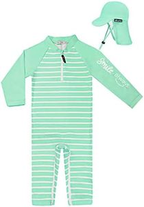 weVSwe Baby Toddler Sun Protection Rash Guard Swimsuit with Crotch Zipper, Green Stripe With Sun Hat, 0-6 Months