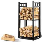 Habit Garden Firewood Rack Indoor, 2-Tier Log Holder with 4 Hooks, Wrought Iron Rack Storing Wood Logs fo Indoor Fireplace, Deocr, Outdoor Patio, Fire Pit, Deck, 16in(L) x 12in(W) x 32in(H)