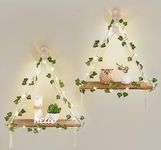 Mkono Artificial Ivy Macrame Hanging Shelves with Lights Set of 2 Boho Wall Decor Display Plants Photos Wood Floating Storage Shelf for Bedroom Bathroom Living Room Nursery Dorm Kitchen, White