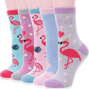 Sandsuced Wool Warm Socks for Women Winter Hiking Thick Boot Thermal Cabin Cozy Crew Work Soft Ladies Socks 5 Pack（Flamingos）