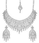 Touchstone Indian Bollywood Masterly Created Sparkling Rhinestones Studded Look Grand Bridal Jewelry Necklace Earrings Mangtika Set In Silver or White or Gold Tone For Women., Rhinestone, No Gemstone