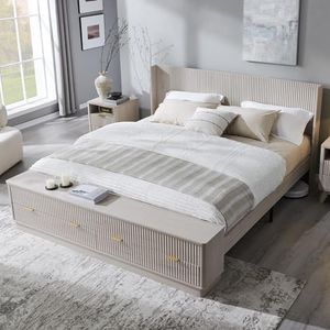 T4TREAM Fluted King Size Bed Frame with Headboard and Storage Bench