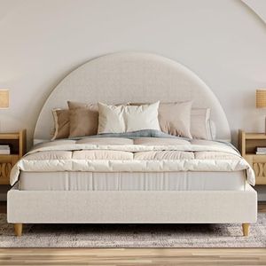 DG Casa Boucle Cloud Bed Frame with Arch Shaped Headboard, Upholstered in Soft Fabric, Platform Bed Frame with Solid Wood Legs - Boho or Modern Style - No Box Spring Needed - Queen Size