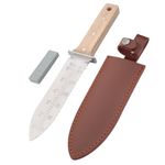 FEITA Hori Hori Garden Knife with Leather Sheath and Sharpening Stone, 7.1 Inches Stainless Steel Blade, Serrated Side Garden Soil Knife Tools for Gardening, Weeding, Planting, Digging (Beech)