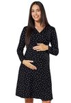HAPPY MAMA. Women's Maternity Jersey Empire Dress Long Sleeves Baby Shower. 890p (Black with Small White Dots, UK 8, S)