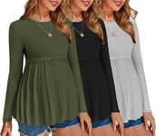 Ekouaer Maternity Shirts 3 Packs Pleated Long Sleeve Tops Tunic Casual Pregnancy Clothes Black/Green/Light Grey S