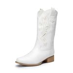 DREAM PAIRS Women's Cowboy Boots Mid Calf Cowgirl Boots Embroidery Stitched Square Toe Western Boots, White-1, 8