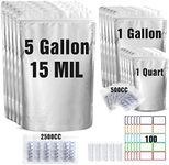 15 Mil 5 Gallon Mylar Bags for Food Storage with 2500cc Oxygen Absorbers - 55 Pack Mylar Bags 5 Gallon,1 Gallon,1 Quart 3 Size, 100 Pcs Labels and 500cc Oxygen Absorbers for Long Term Food Storage