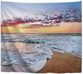 A.Monamour Blue Ocean Sunrise Dawn Time Sea Waves Sand Beach Nature Scenery Photography Picture Print Textile Fabric Wall Hanging Tapestry Wall Decors Curtains Bed Covers For Home