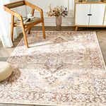 TOPICK Area Rug 120x180cm Oriental Rug Brick Red Multi Distressed Floral Rug Chenille Print Anti Slip Vintage Rug Indoor Thin Rug Floor Cover Retro Rug for Living Room Office Bedroom Entryway