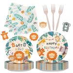 Iemctsy 96PCS Jungle Theme Decorations, Safari Birthday Decorations, Animals Birthday Party Decorations Safari Plates Napkins Jungle Party Decorations Disposable Dinnerware Set for Serve 24