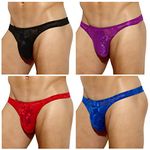 Casey Kevin Men's Thongs Lace Underwear Sexy Low Rise G-Strings See Through Thong 4 Pack Large