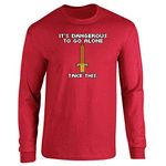 Pop Threads Its Dangerous to Go Alone Take This 8 Bit Gaming Long Sleeve Tee T-Shirt, Long Sleeve Tee | Red, X-Large