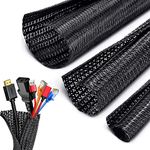 Black Cable Tidy Sleeve(Length 10ft, Diameter 1/2 to 1 Inch Expandable), Braided Cable Sleeve Split& Self-wrap Sleeving for Usb Cable Power Cord Audio Video Cable, Protector Animal from Chewing Cords