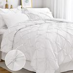 JOLLYVOGUE Queen Comforter Set - Pintuck White 7 Piece Bed in a Bag Comforter Queen - Bedding Set with Comforter, Sheets, Ruffled Shams & Pillowcases for Bedroom